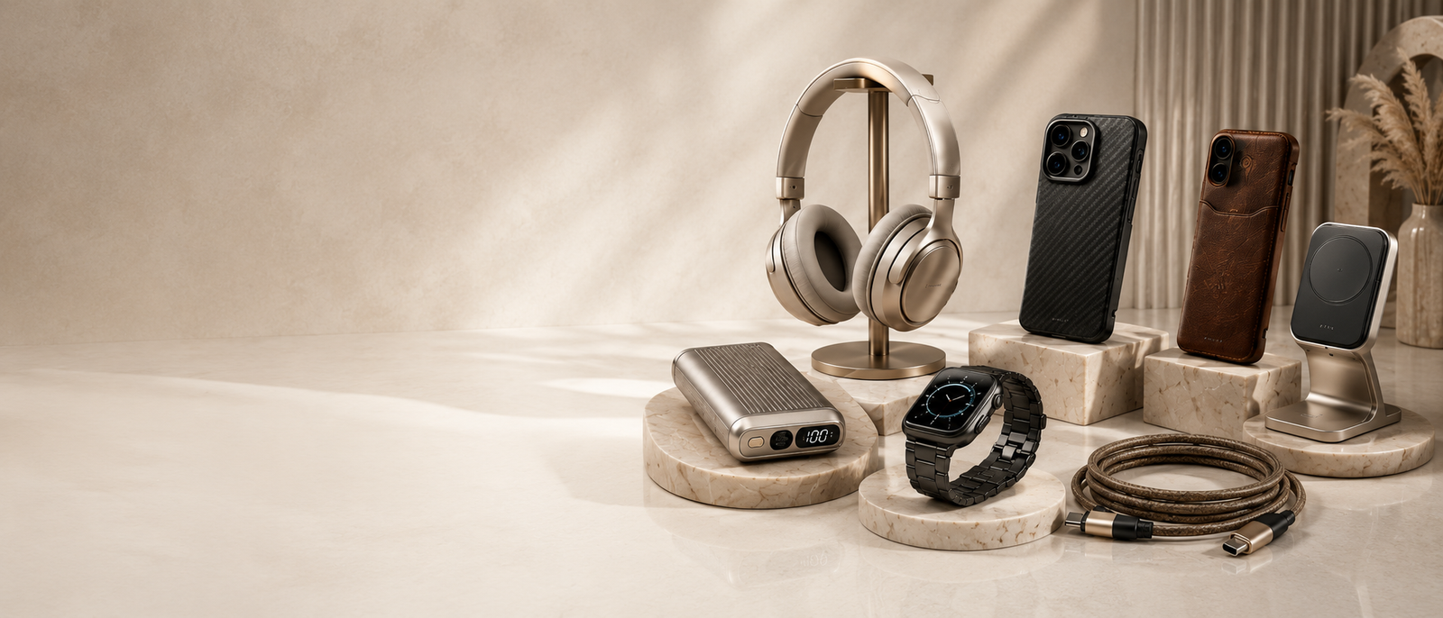 A curated collection of premium CELQOR accessories including headphones, cases, charging, wearables and cables